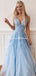 Cheap Blue Lace A-line Long Evening Prom Dresses, Evening Party Prom Dresses, PDS0083