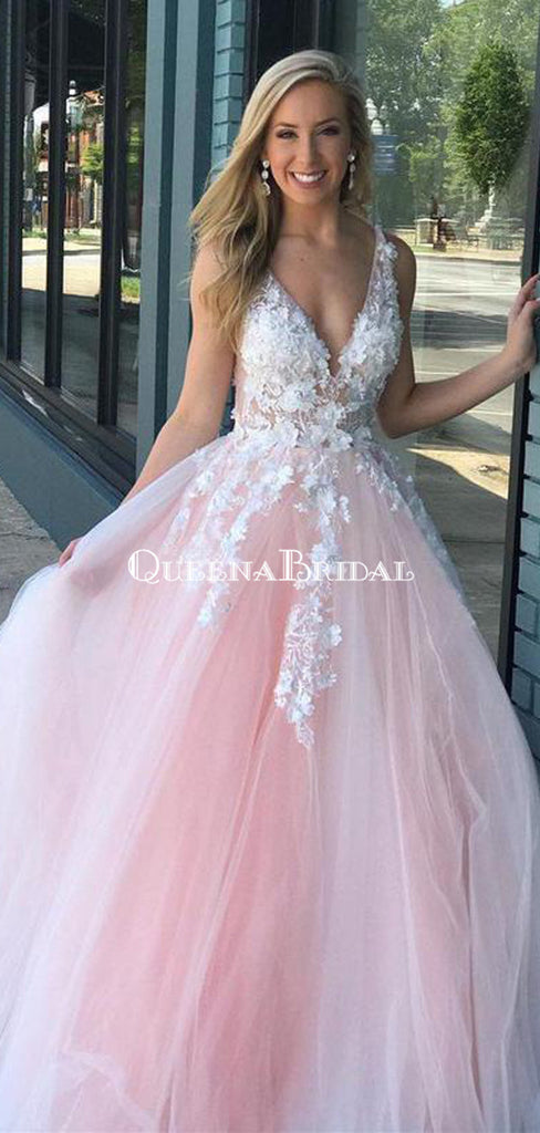 Blush Pink Lace Applique Ball Gown Long Ball Gowns Short Prom Dresses, QB0298