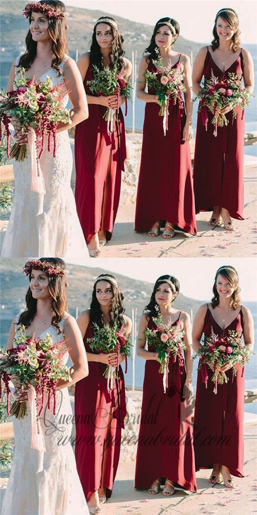 2019 A-Line Spaghetti Straps Long Burgundy Bridesmaid Dresses with Split, QB0482