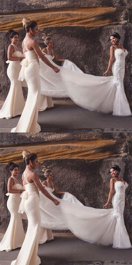 Mermaid Deep V-Neck Long Cheap Bridesmaid Dresses with Bow, QB0018