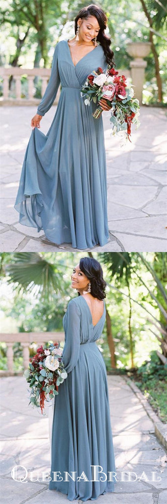 Simple V Neck Long Sleeve Backless A Line Chiffon Bridesmaid Dresses, QB0849