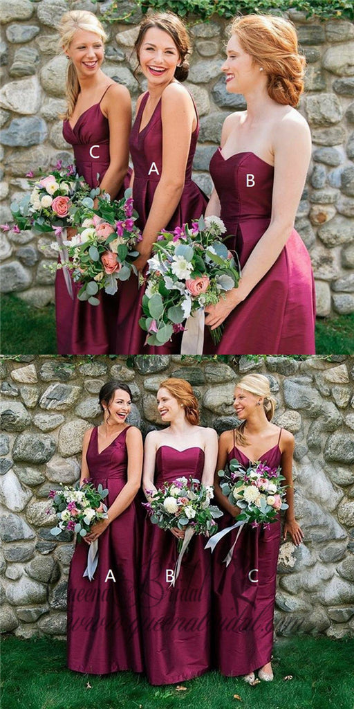 2019 A-Line V-Neck Long Fuchsia Satin Bridesmaid Dresses, QB0488