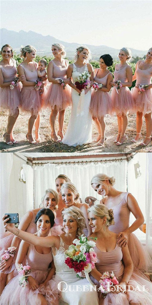 A-Line Scoop Short Blush Tulle Long Cheap Bridesmaid Dresses, QB0805