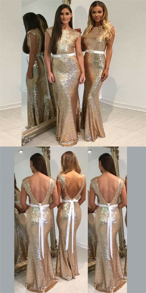 Mermaid Bateau Backless Gold Sequin Long Cheap  Bridesmaid Dresses Online, QB0159