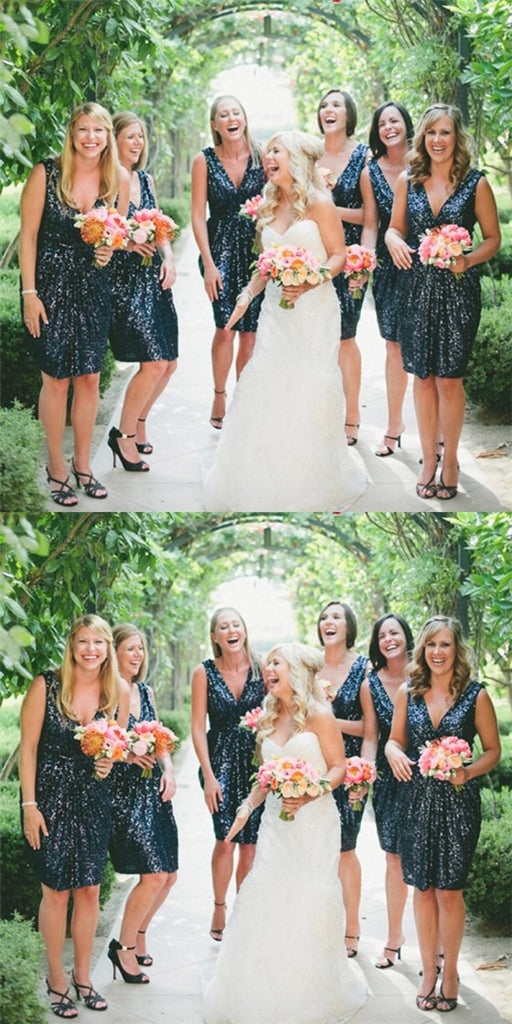 Sexy Deep V-Neck Navy Blue Sequin Short Cheap Bridesmaid Dresses Online, QB0139