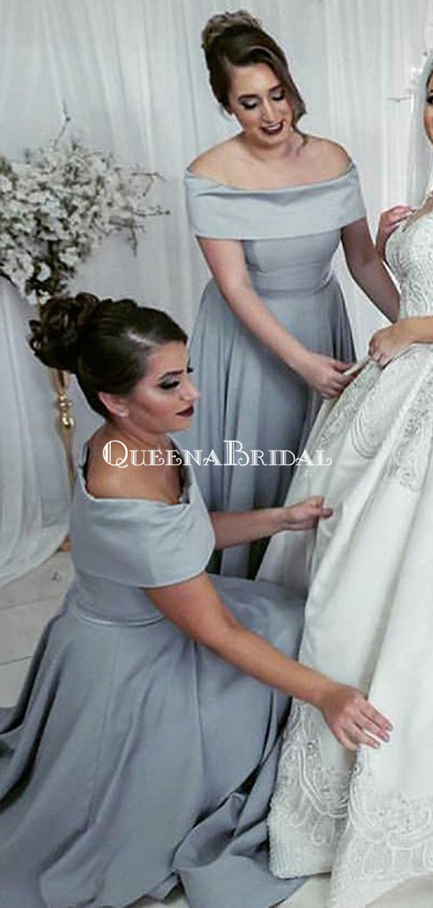 A-Line Off Shoulder Long Cheap Grey Satin Bridesmaid Dresses Online, QB0021