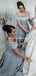 A-Line Off Shoulder Long Cheap Grey Satin Bridesmaid Dresses Online, QB0021