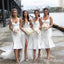 Square White Mermaid Tea-Length Cheap Bridesmaid Dresses, BDS0092