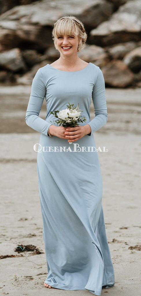 Light Blue Long Sleeve Round Neck Long Cheap Jersey Bridesmaid Dresses, QB0622