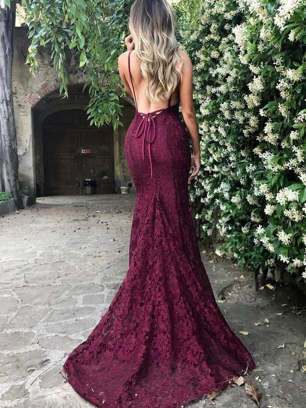 Burgundy Spaghetti Strap V-neck Mermaid Lace Prom Dresses Online, QB0272