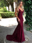 Burgundy Spaghetti Strap V-neck Mermaid Lace Prom Dresses Online, QB0272