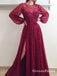 Burgundy Round Neck Heavy Beaded Long Tulle Prom Dresses, QB0558