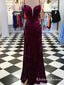 Charming Mermaid Spaghetti Straps Cross Back Split Velvet Burgundy Long Prom Dresses, QB0601