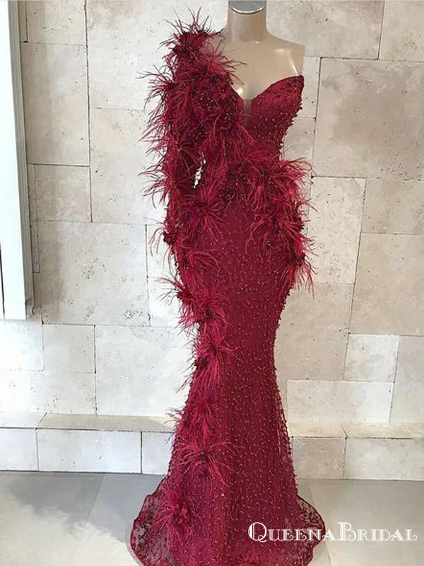 Newest Burgundy One shoulder Long Sleeves Mermaid Tulle Heave Beaded Long Cheap Prom Dresses, QB0921