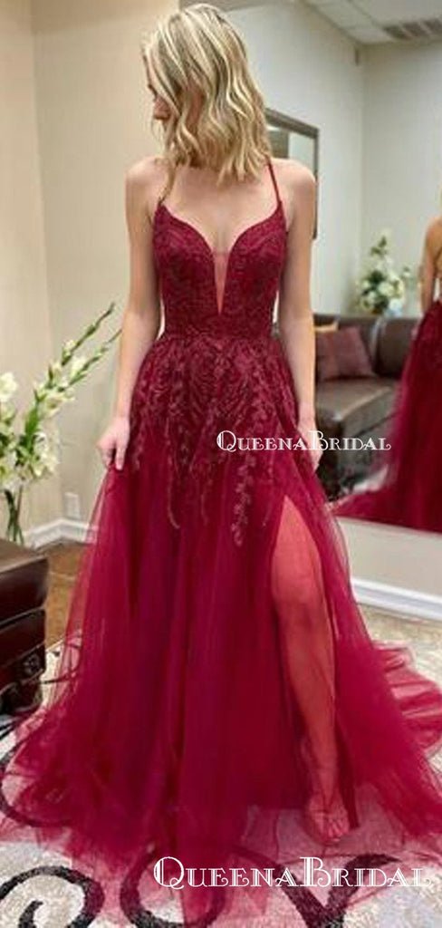 New Arrival A Line Sexy Spaghetti Straps Red Tulle Side Slit Long Cheap Charming Prom Dresses With Appliques, PDS0052