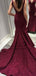 2019 Sexy Backless Maroon Sequin Mermaid Long Evening Prom Dresses, QB0433