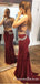 Two Piece Halter Open Back Long Burgundy Prom Dresses with Beading, QB0499