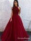 A-Line Halter Long Backless Burgundy Tulle Prom Dresses with Beading, QB0548