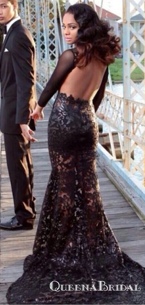 Black Scoop See Through Backless Long Cheap Lace Prom Dresses, QB0658