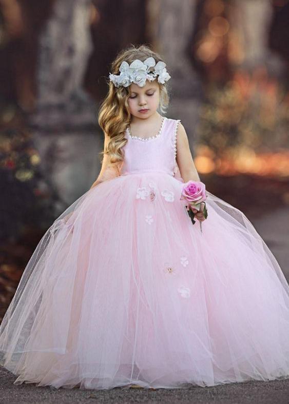 Cheap Tulle Sleeveless Light Pink Princess Ball Gown Flower Girl Dresses, QB0329