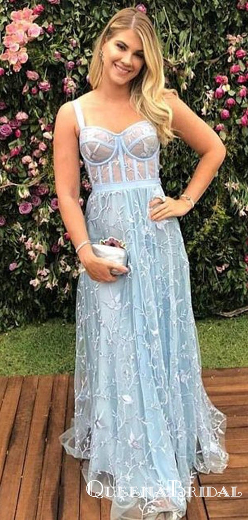 Fancy Newest Light Blue Spaghetti Strap Long Cheap Lace Prom Dresses, QB0799