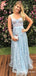 Fancy Newest Light Blue Spaghetti Strap Long Cheap Lace Prom Dresses, QB0799