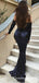 Navy Blue Off the Shoulder Long Sleeves Zipper  Long Prom Dresses, QB0669