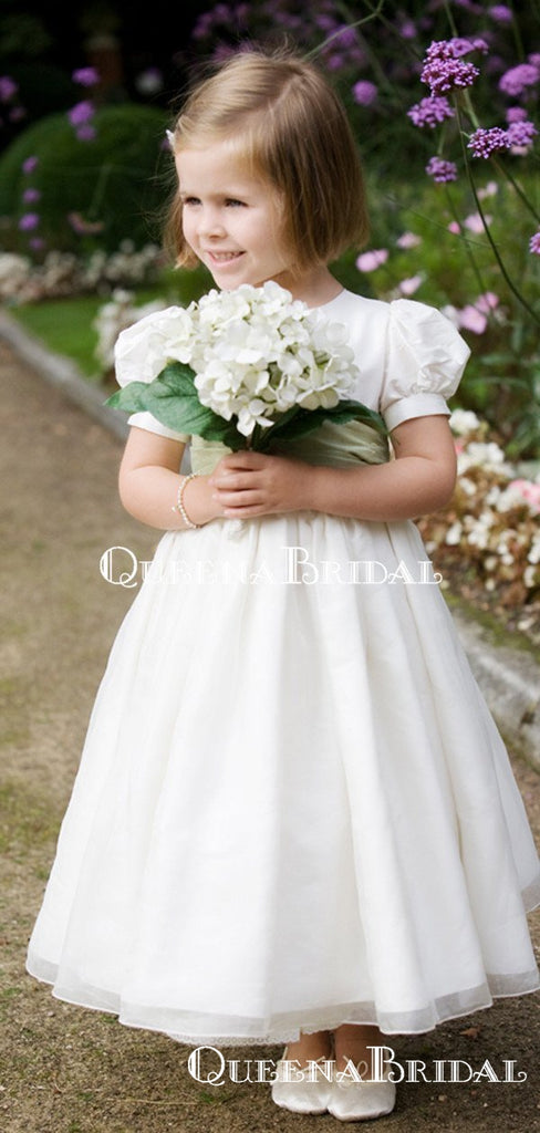 Cute Round Neck Short Sleeves Organza A-line Long Cheap Flower Girl Dresses, FGS0020