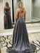 Dark Grey Spaghetti Strap Prom Dresses Open Back Long Prom Dresses with Slit, QB0312