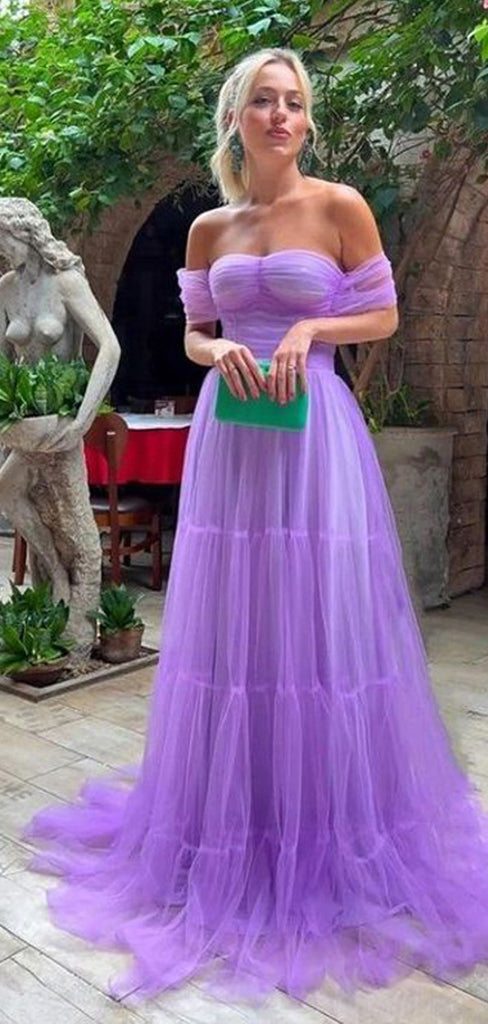 Simple Purple A-line Off Shoulder Maxi Long Evening Prom Dresses, WGP260