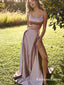 Dusty pink Spaghetti Strap Long Cheap Slit Prom Dresses, QB0556