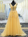 A Line V Neck Modest Cheap Long Yellow Prom Dresses With Applique, QB0691