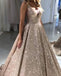 V Neck Sparkly Sequin A-line Long Evening Prom Dresses With Pockets, Cheap Custom Party Prom Dresses, PDS0076