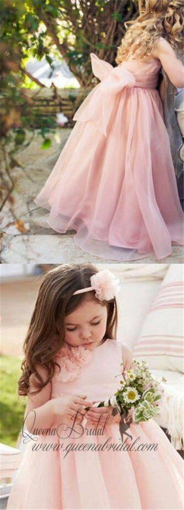 Floor Length Cute Pink Tulle Flower Girl Dresses with Bow Knot, QB0357