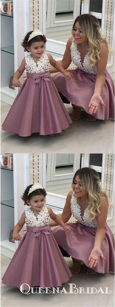 A-Line V-Neck Sleeveless Purple Floor Length Flower Girl Dresses With Applique, QB0829