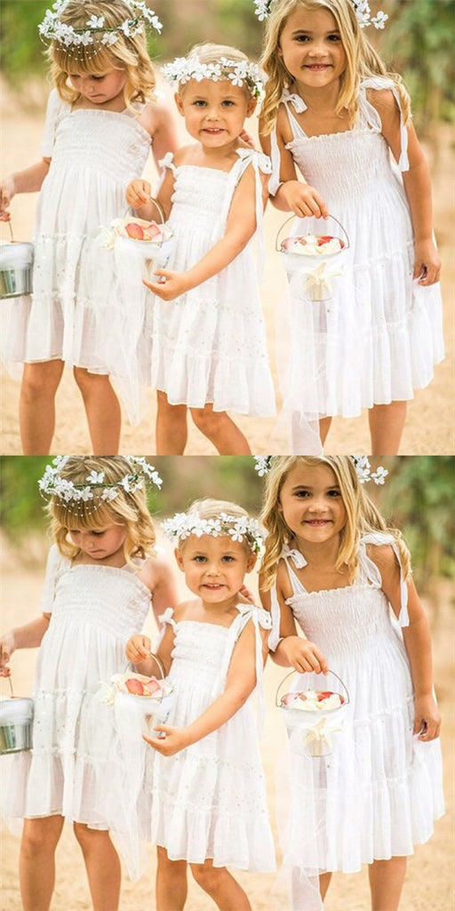 Cute A-Line Spaghetti Straps White Long Cheap Flower Girl Dresses with Bow Knot, QB0099