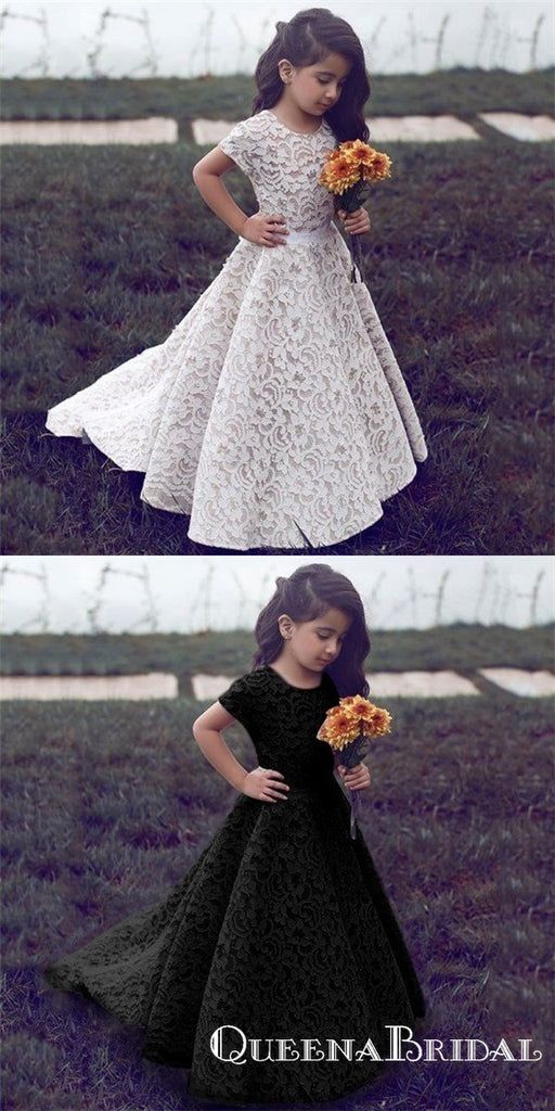 Elegant Jewel Short Sleeves Sweep Train Ivory Lace Long Cheap Flower Girl Dresses, QB0079