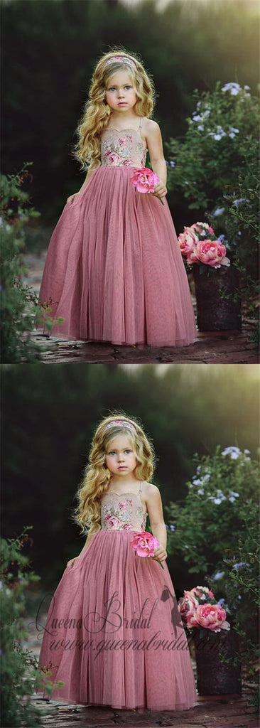 Spaghetti Strap Long Dusty Rose Floral Flower Girl Dresses, QB0328