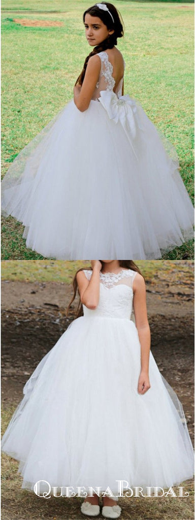 A-Line Scoop Neck Sleeveless White Floor Length Flower Girl Dresses, QB0825