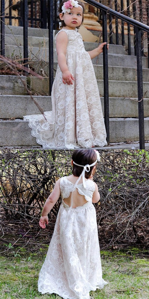 Cute Jewel Open Back Sweep Train Ivory Lace Long Cheap Flower Girl Dresses, QB0102