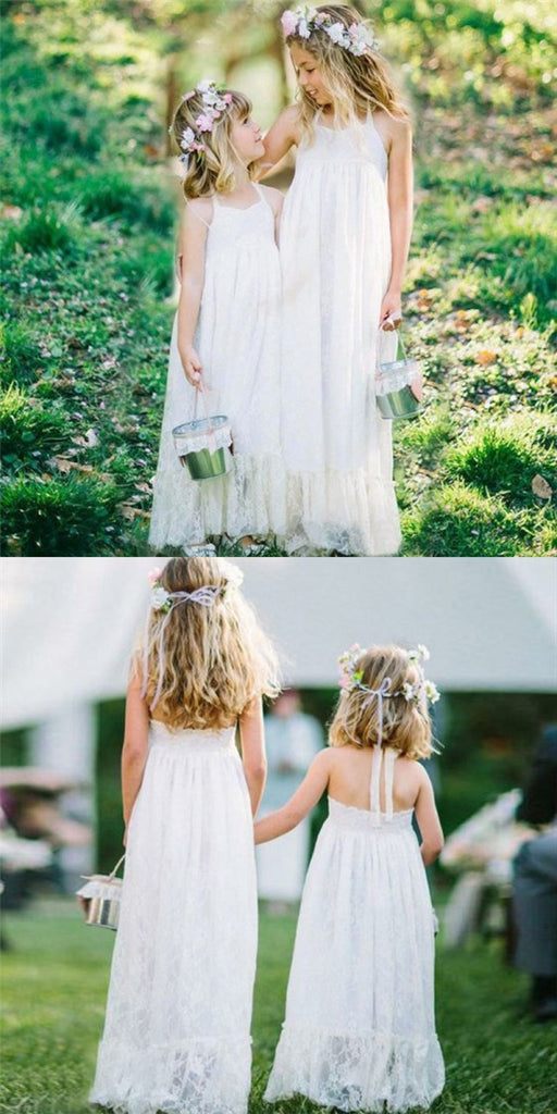 Simple Halter Sleeveless Backless White Lace Flower Girl Dresses, QB0227