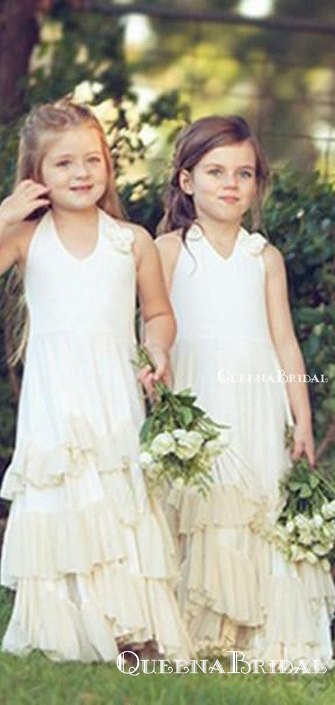 Halter Ivory Chiffon Long Cheap Flower Girl Dresses with Ruffles&Handmade Flowers, QB0224