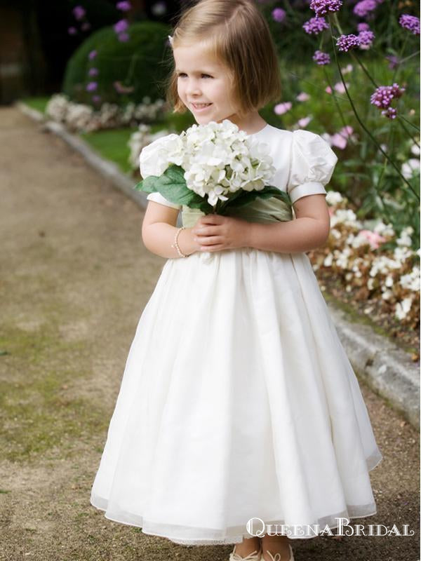 Cute Round Neck Short Sleeves Organza A-line Long Cheap Flower Girl Dresses, FGS0020