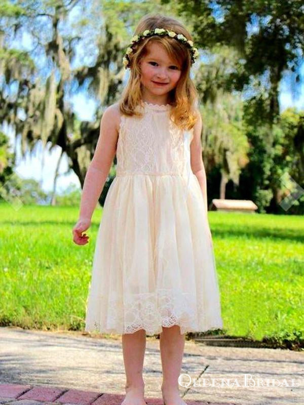 Cute Round Neck Light Champagne Lace A-line Long Cheap Flower Girl Dresses, FGS0024