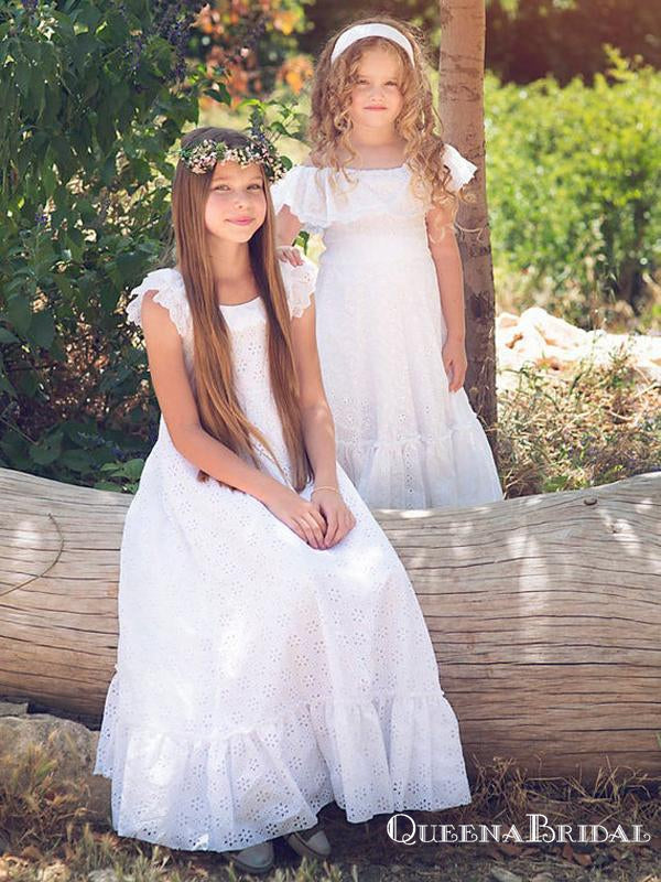 Charming Round Neck Cap Sleeves Lace A-line Long Cheap Flower Girl Dresses, FGS0012