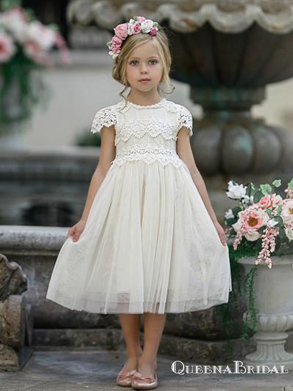 Charming Ivory Tulle Round Neck Short Sleeve Long Cheap Flower Girl Dresses, FGS0007