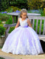 Charming Round Neck Purple Tulle Beaded A-line Long Cheap Flower Girl Dresses, FGS0023