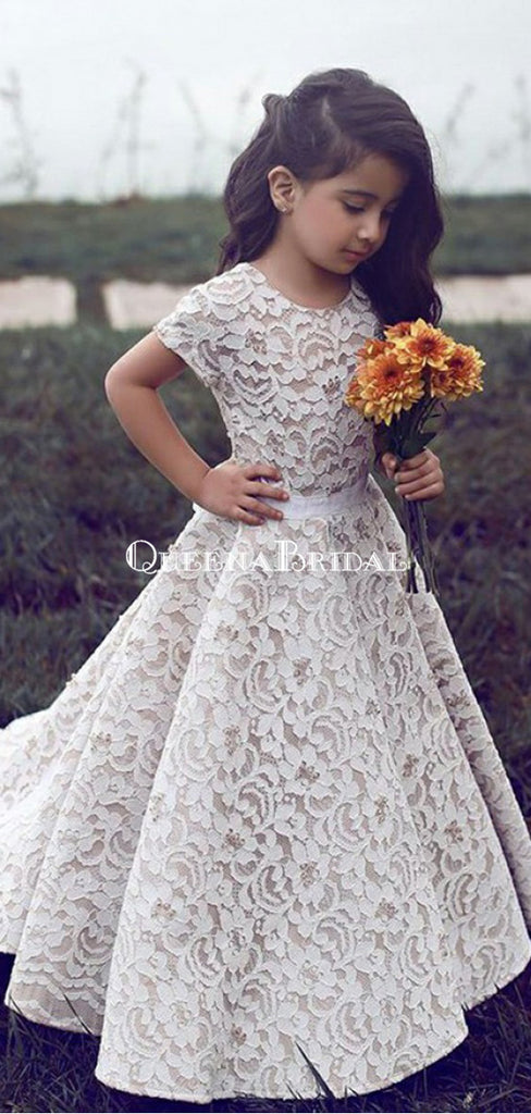 Elegant Jewel Short Sleeves Sweep Train Ivory Lace Long Cheap Flower Girl Dresses, QB0079