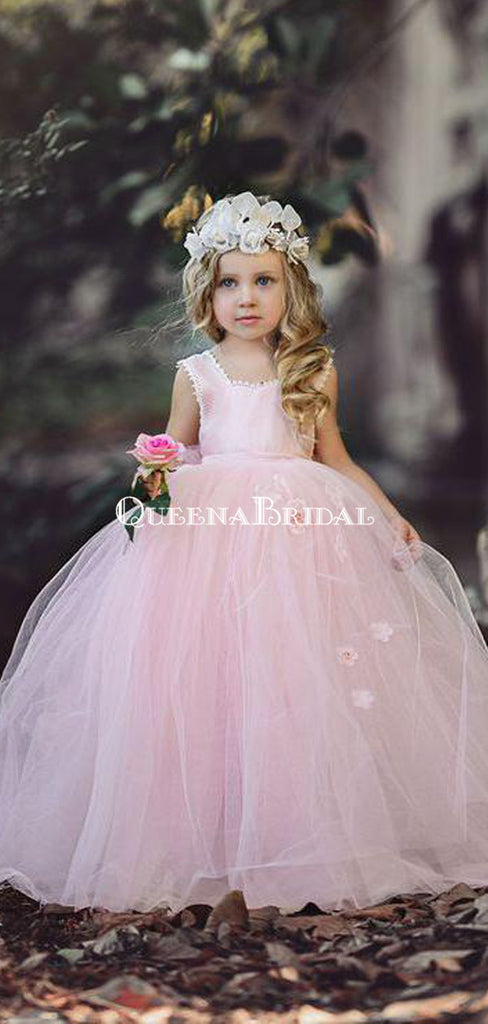 Cheap Tulle Sleeveless Light Pink Princess Ball Gown Flower Girl Dresses, QB0329