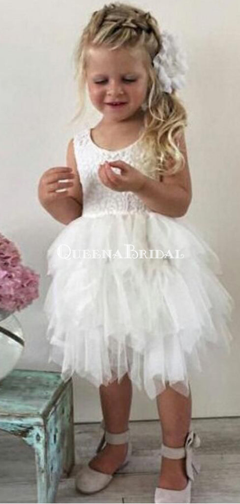 Ball Gown Jewel V-Back Tiered Tulle Cheap Flower Girl Dresses with Lace, QB0080